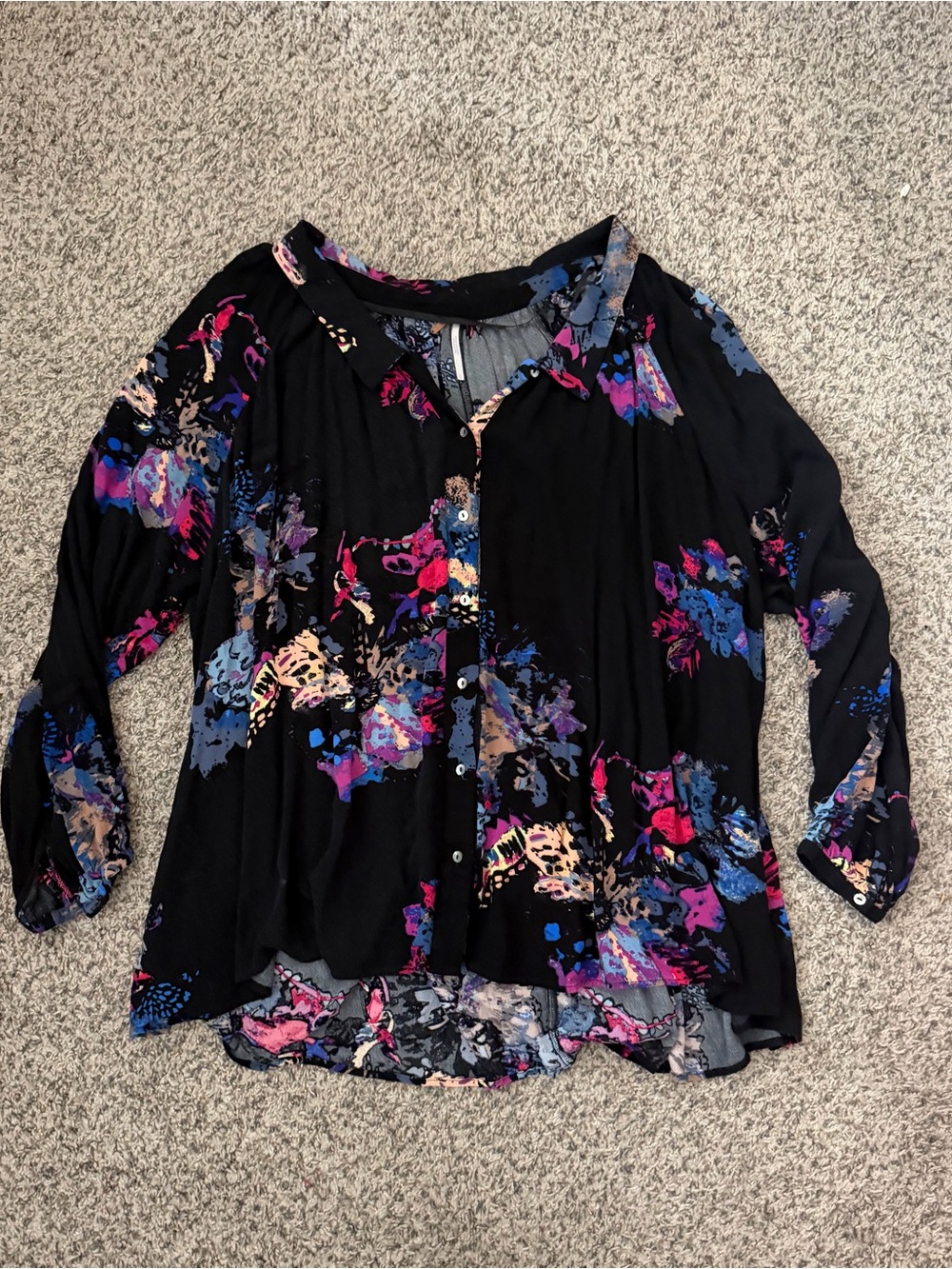 Free People Black Button-Front Blouse with Blue & Pink Floral Print